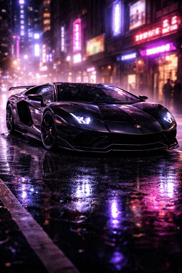 Sleek Lamborghini under neon lights car wallpaper