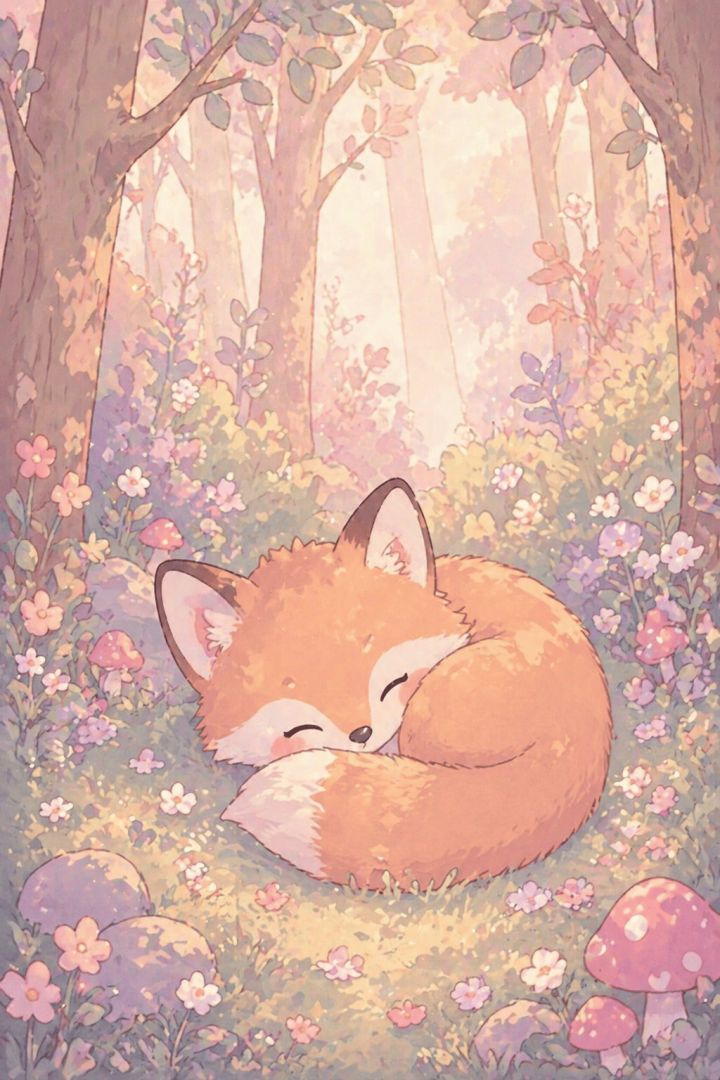 Sleeping fox in a dreamy forest cute wallpaper