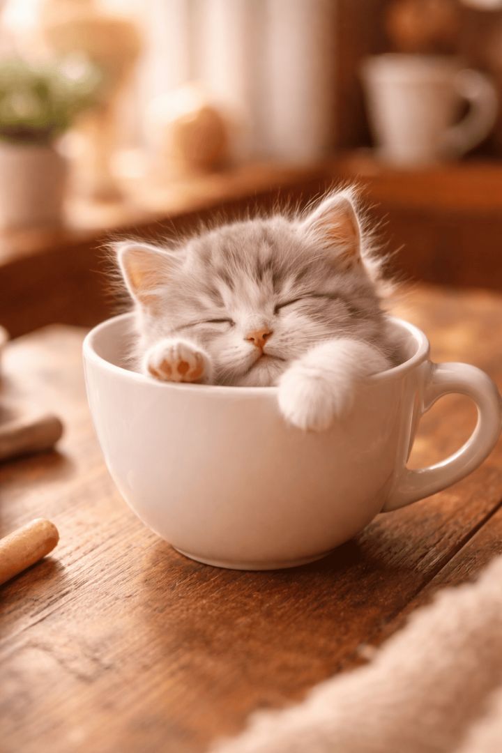 Sleepy kitten in a coffee cup cat wallpaper