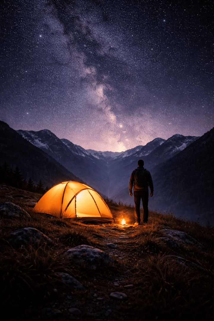 Starry night by the mountain tent hiking wallpaper