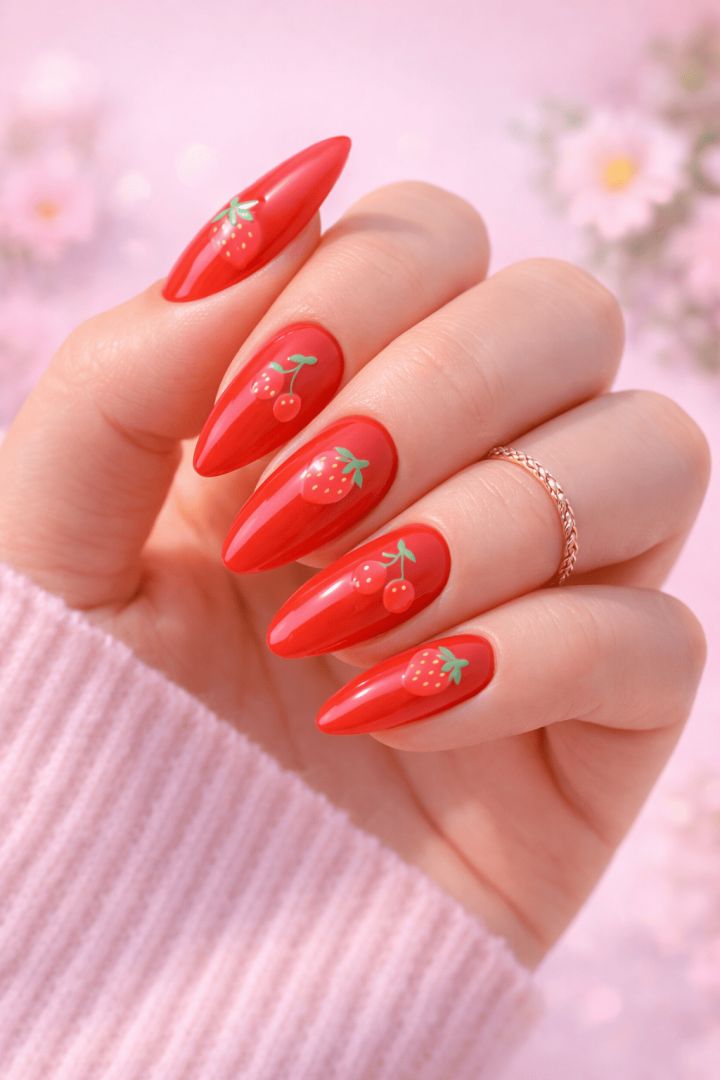 Strawberry and cherry nail art design spring nails wallpaper