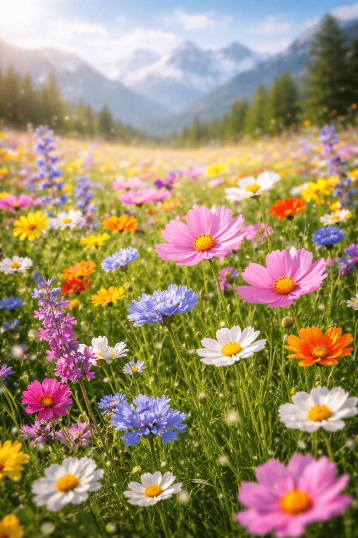 Sunlit wildflower meadow in bloom flowers wallpaper
