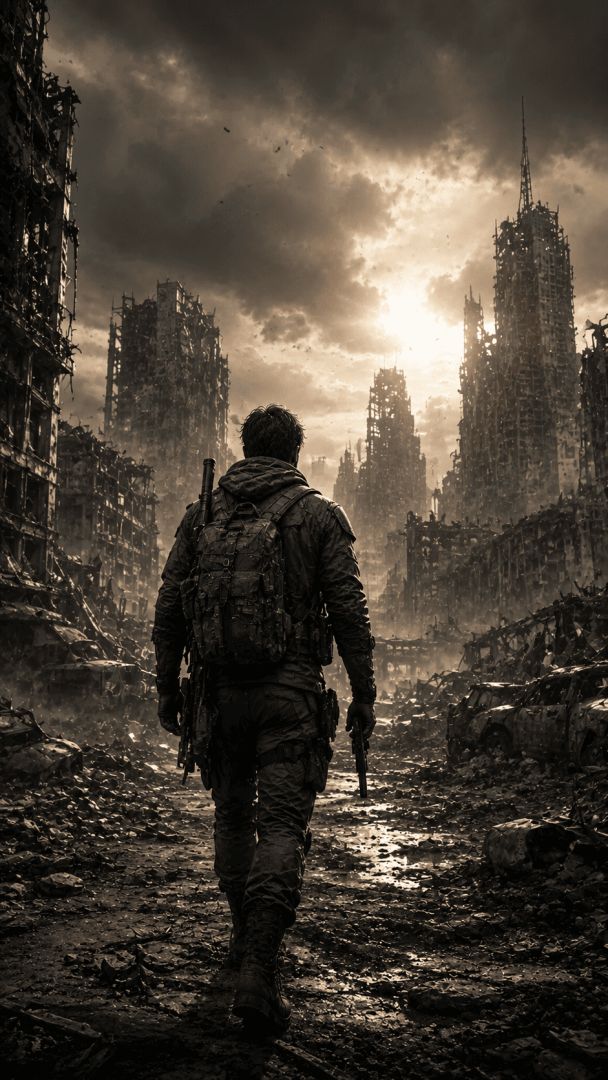 Survivor in a shattered cityscape game wallpaper