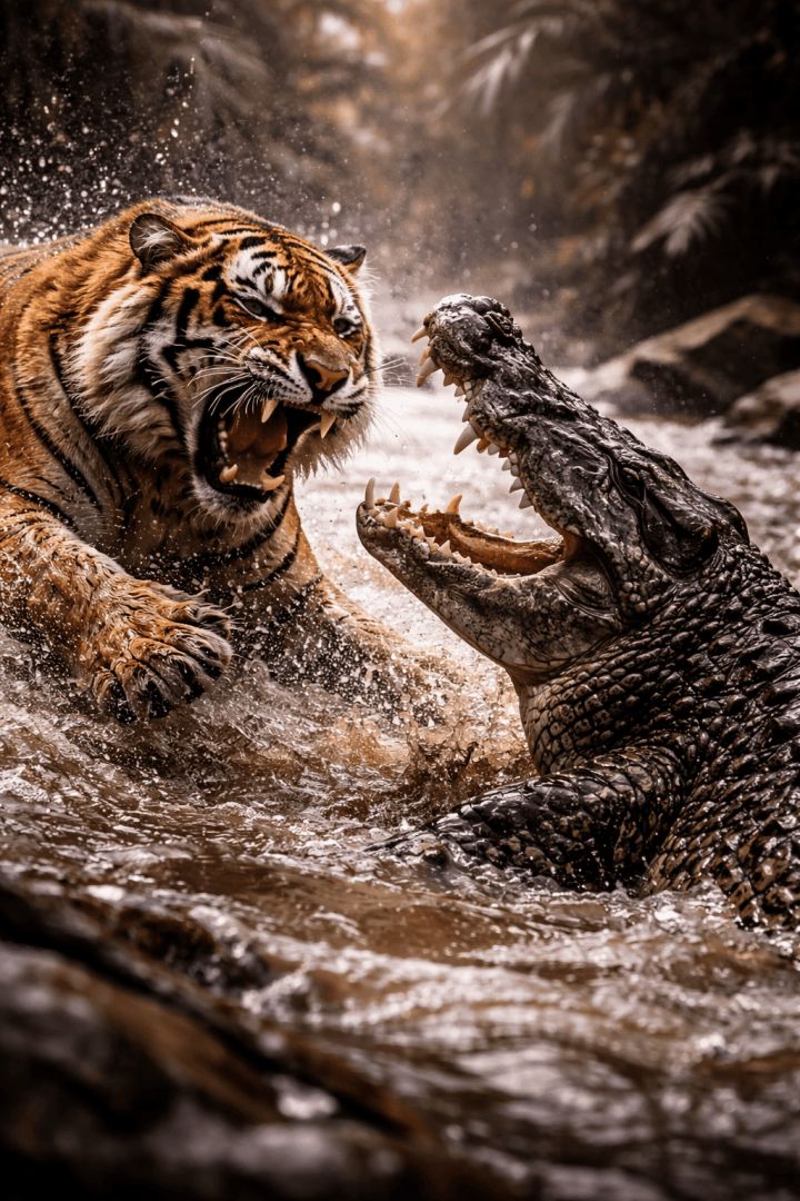 Tiger vs crocodile in fierce battle wild wallpaper