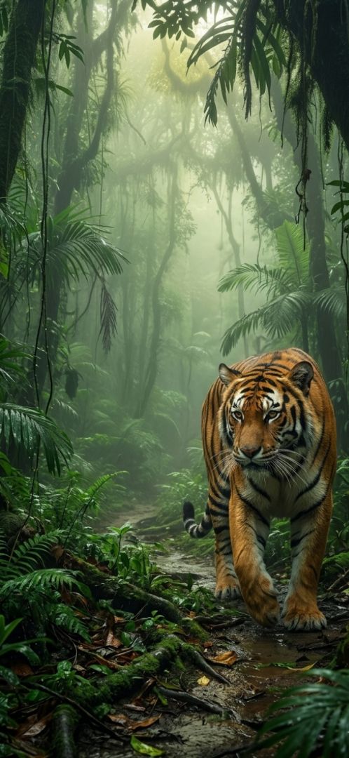 tiger walking through misty jungle wild wallpaper