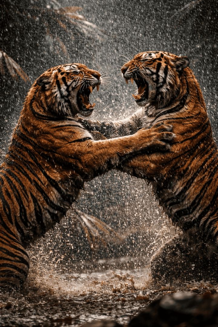 Tigers clash in rainstorm fury wild wallpaper