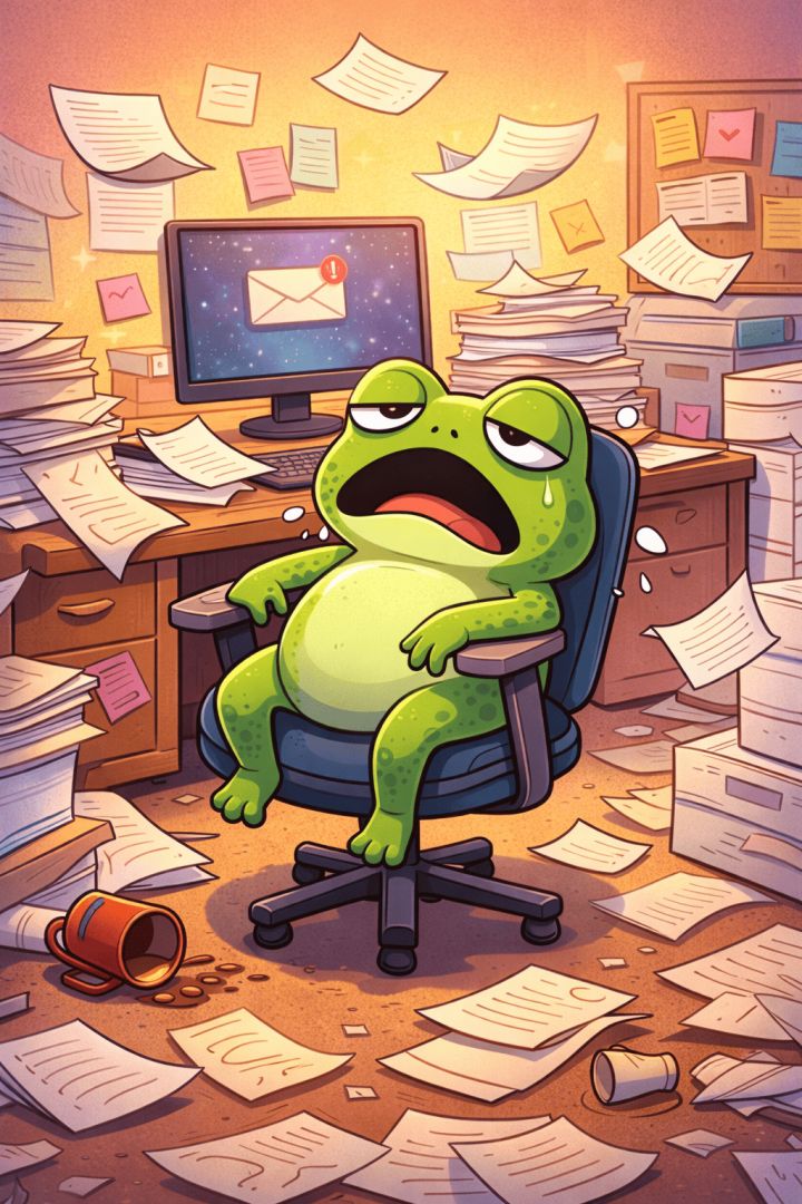 Tired frog in a messy office funny wallpaper