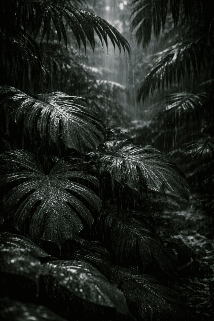 Tropical leaves in rainstorm close-up rain wallpaper