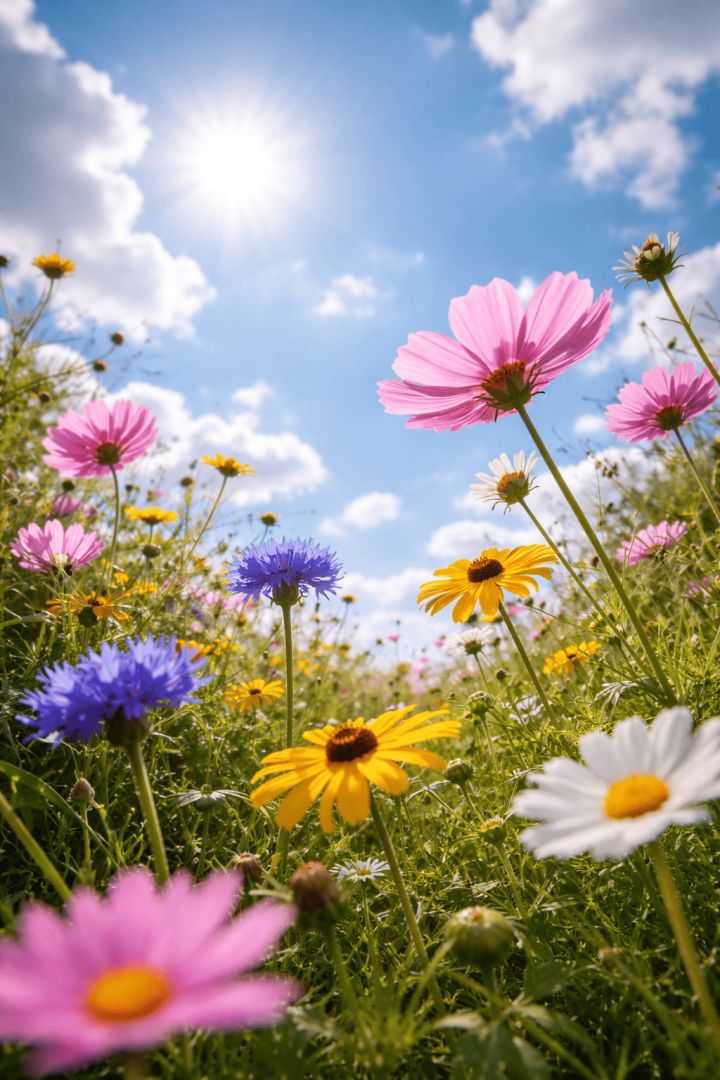 Vibrant garden under a sunny sky flowers wallpaper