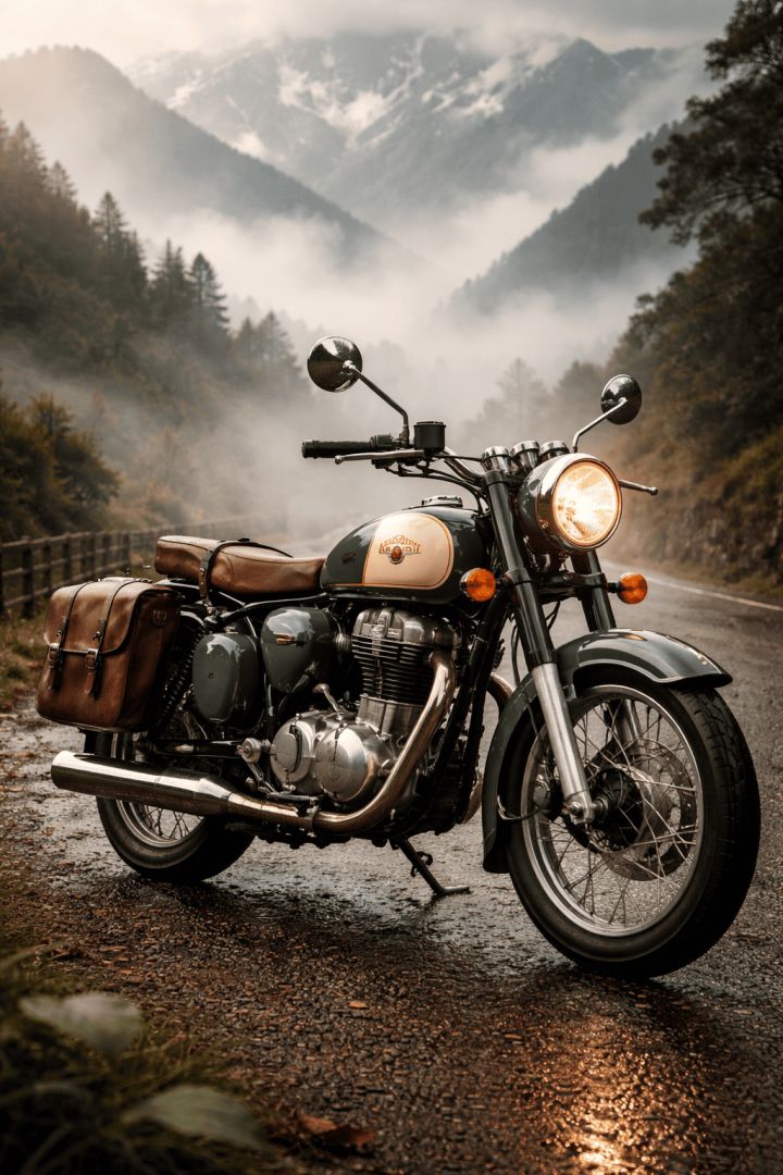Vintage Royal Enfield on misty road bike wallpaper