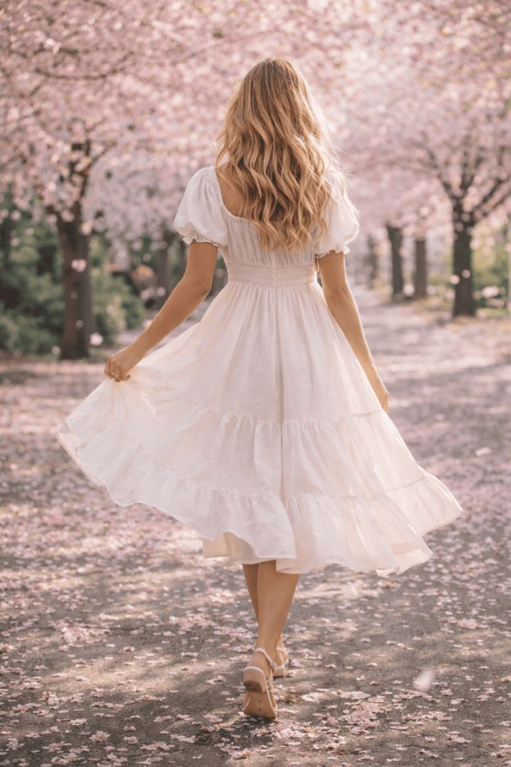 Walking among blooming cherry blossoms spring and stylish outfit wallpaper