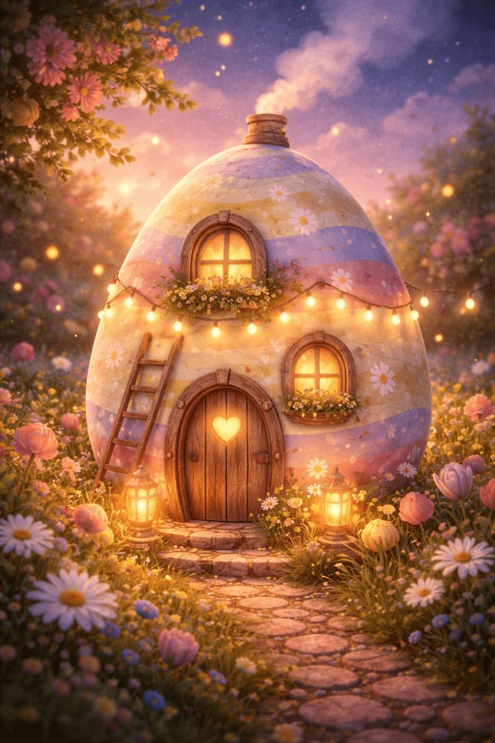 Whimsical egg house in a meadow easter wallpaper wallpaper