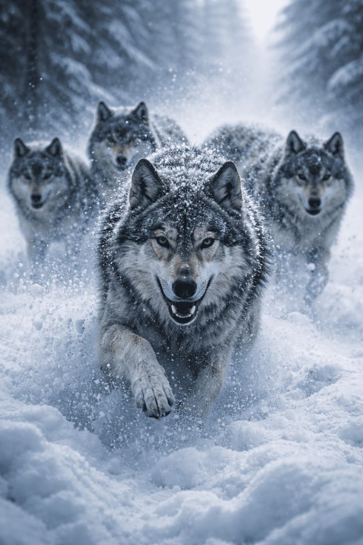 Wolves charging through a snowy forest wild wallpaper