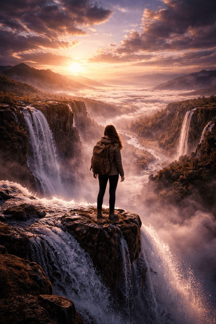 Woman at sunset by waterfall adventure wallpaper