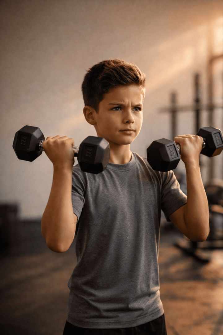 Young boy lifting weights in gym gym wallpaper